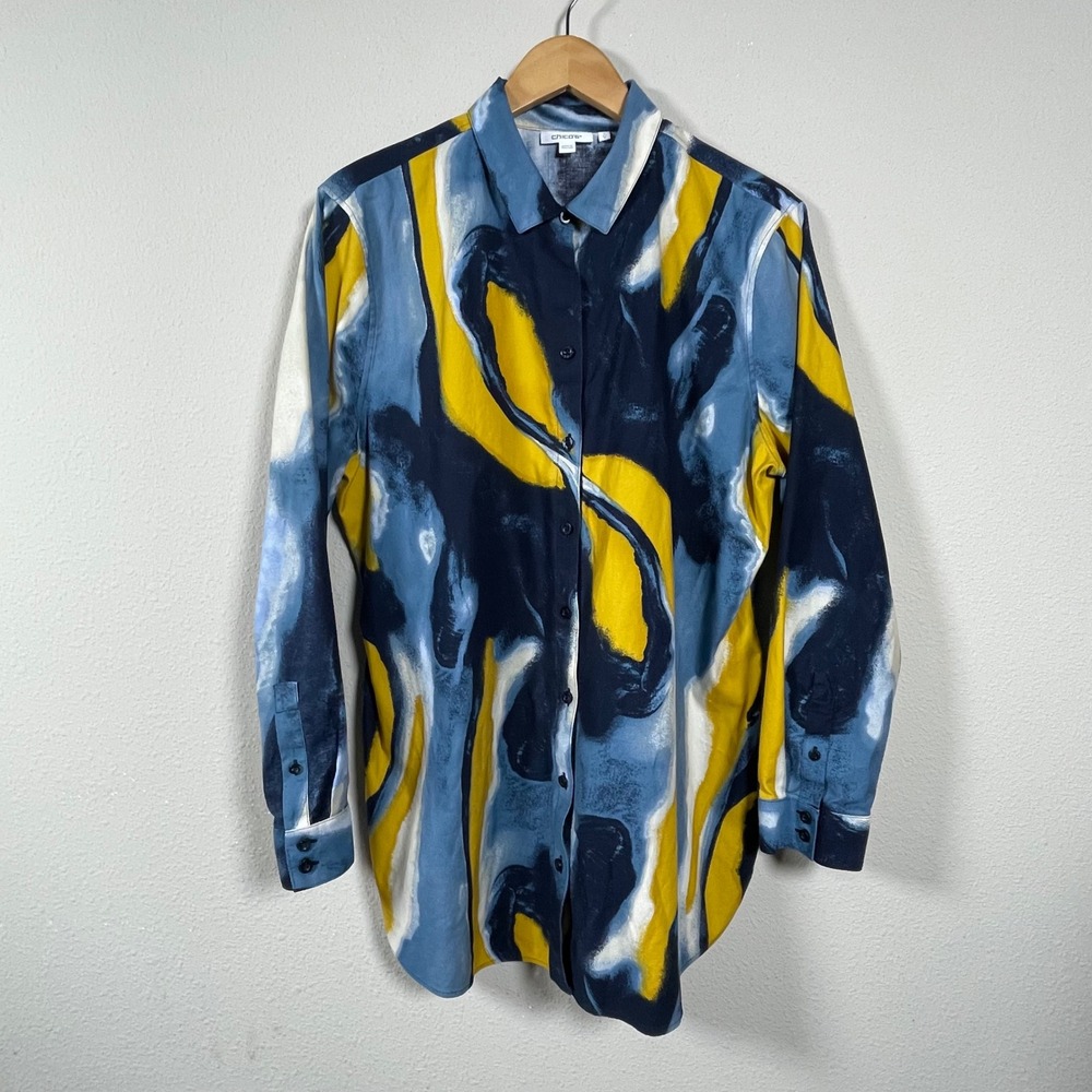 Chico's Abstract Button Down Shirt Womens 3 US 16 Blue Yellow Excellent Artistic